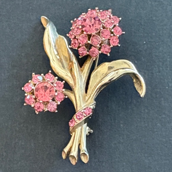 Jewelry - Vintage Pink Rose Crystal Floral Brass Brooch